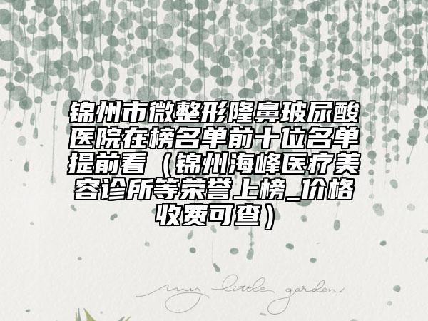 锦州市微整形隆鼻玻尿酸医院在榜名单前十位名单提前看（锦州海峰医疗美容诊所等荣誉上榜_价格收费可查）